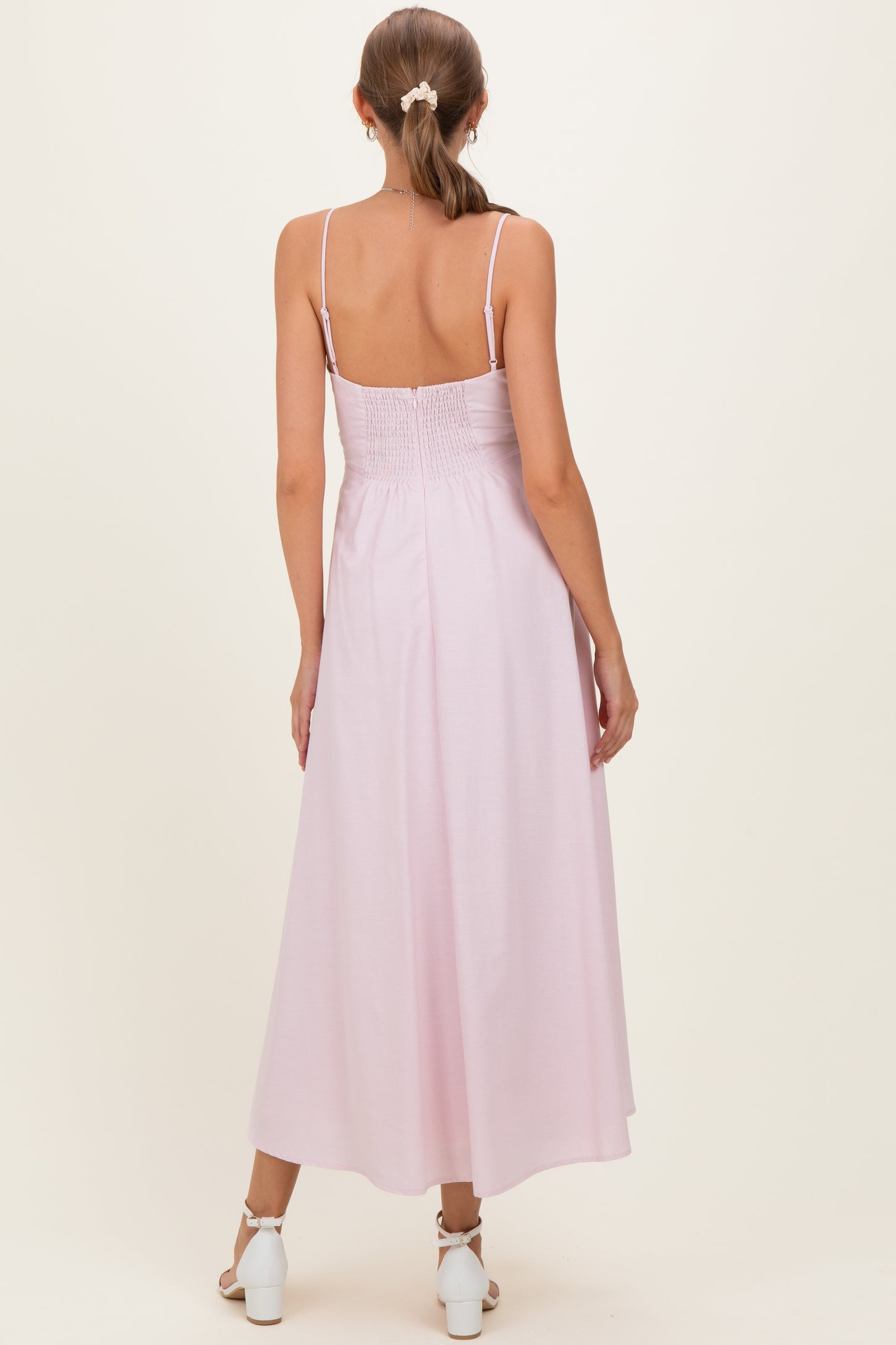 Light Pink Linen A-Line Flared Maternity Midi Dress