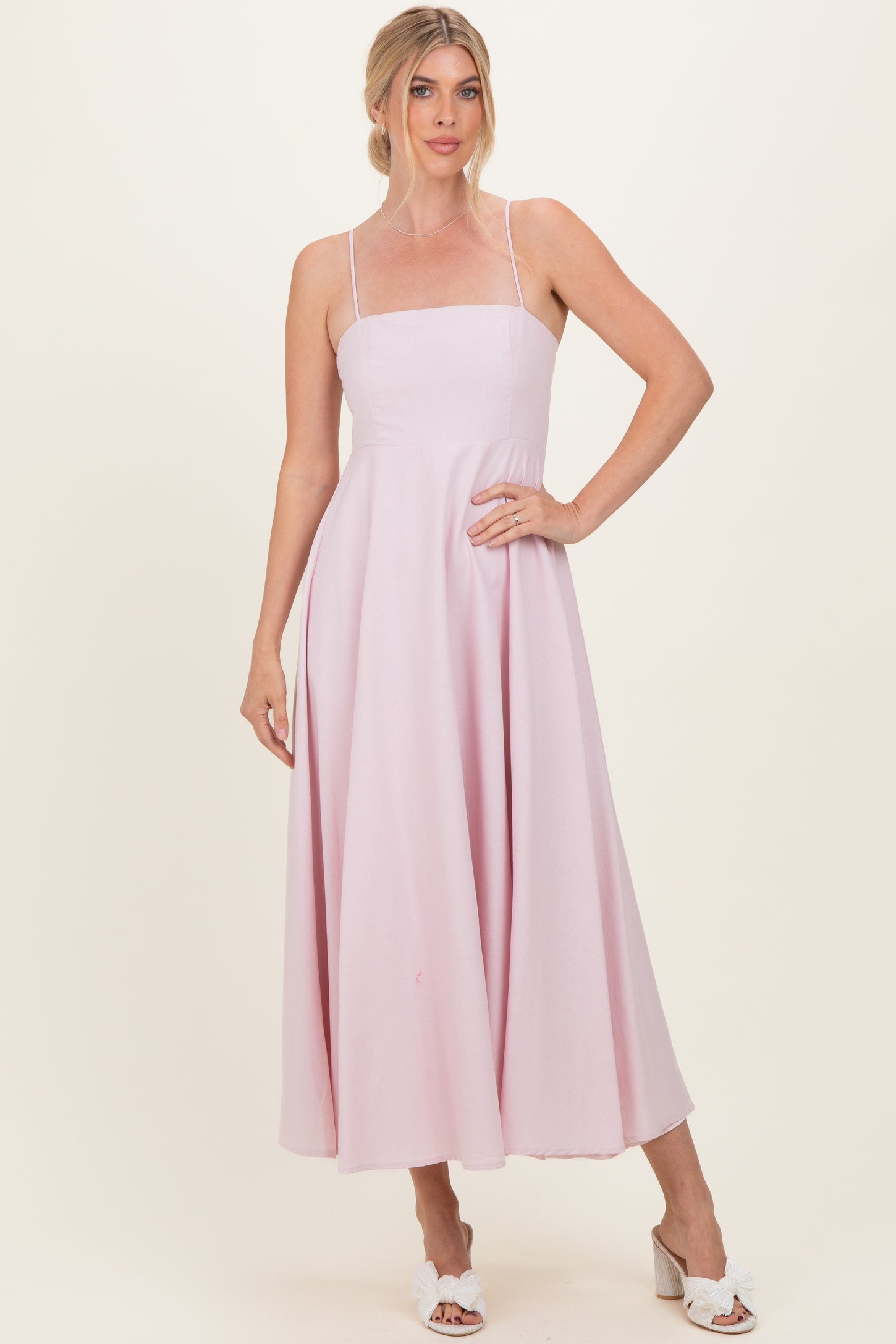 Light Pink Linen A-Line Flared Midi Dress