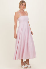 Light Pink Linen A-Line Flared Midi Dress