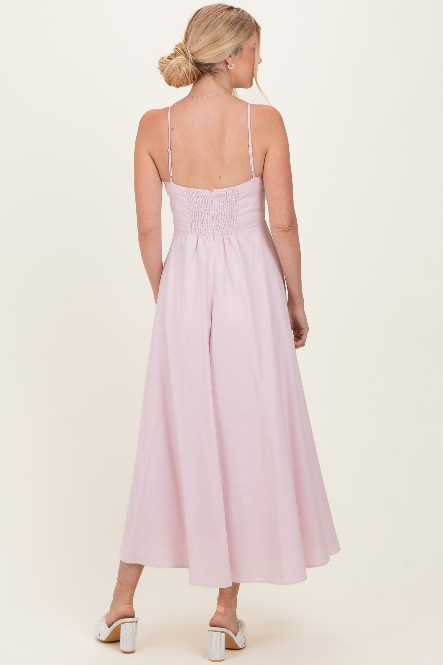 Light Pink Linen A-Line Flared Midi Dress