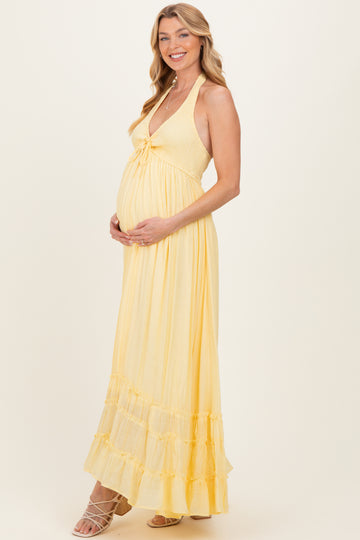 Yellow Halter Neck Smocked Maternity Maxi Dress