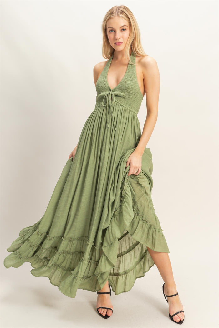 Sage Halter Neck Smocked Maternity Maxi Dress