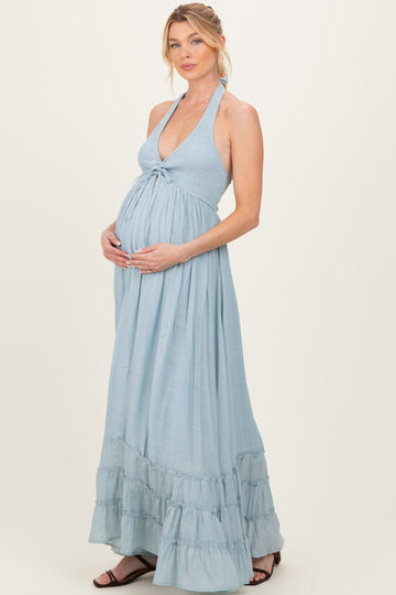 Light Blue Halter Neck Smocked Maternity Maxi Dress