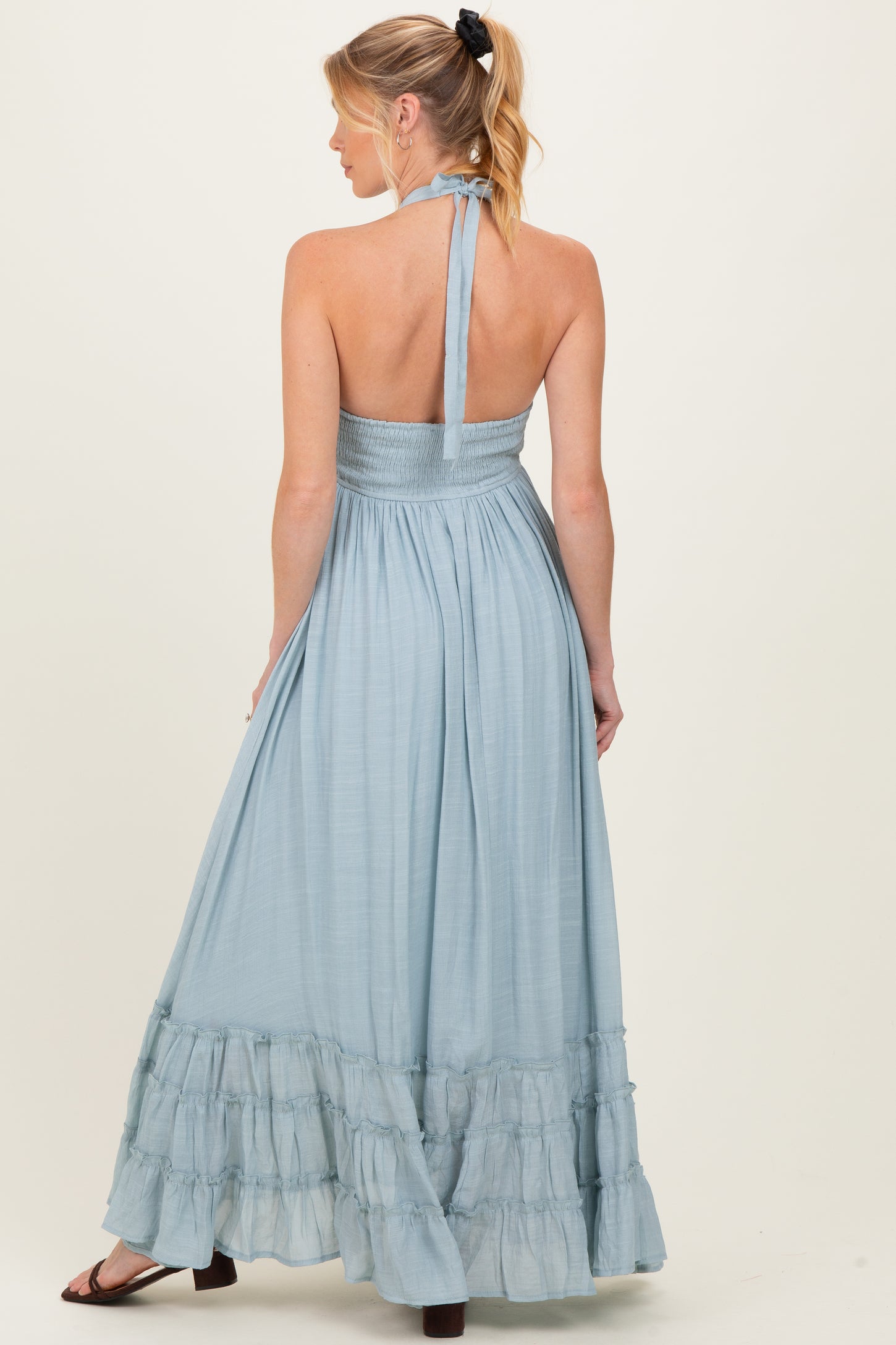 Light Blue Halter Neck Smocked Maternity Maxi Dress