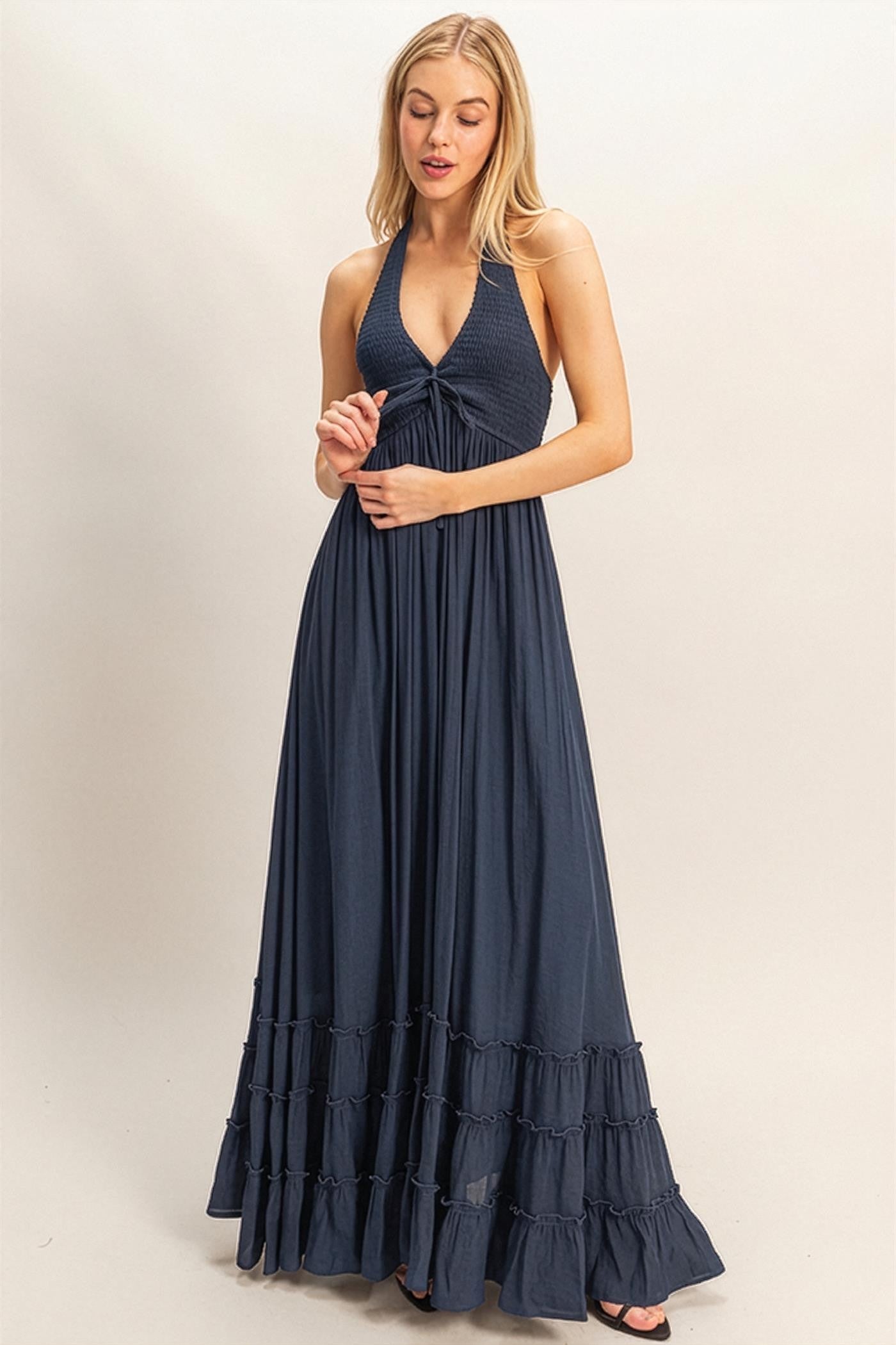 Navy Halter Neck Smocked Maternity Maxi Dress