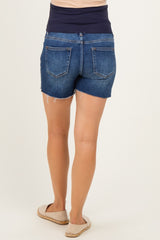 Navy Blue Cut Hem Maternity Jean Shorts