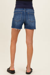 Navy Blue Cut Hem Maternity Jean Shorts