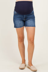 Navy Blue Cut Hem Maternity Jean Shorts