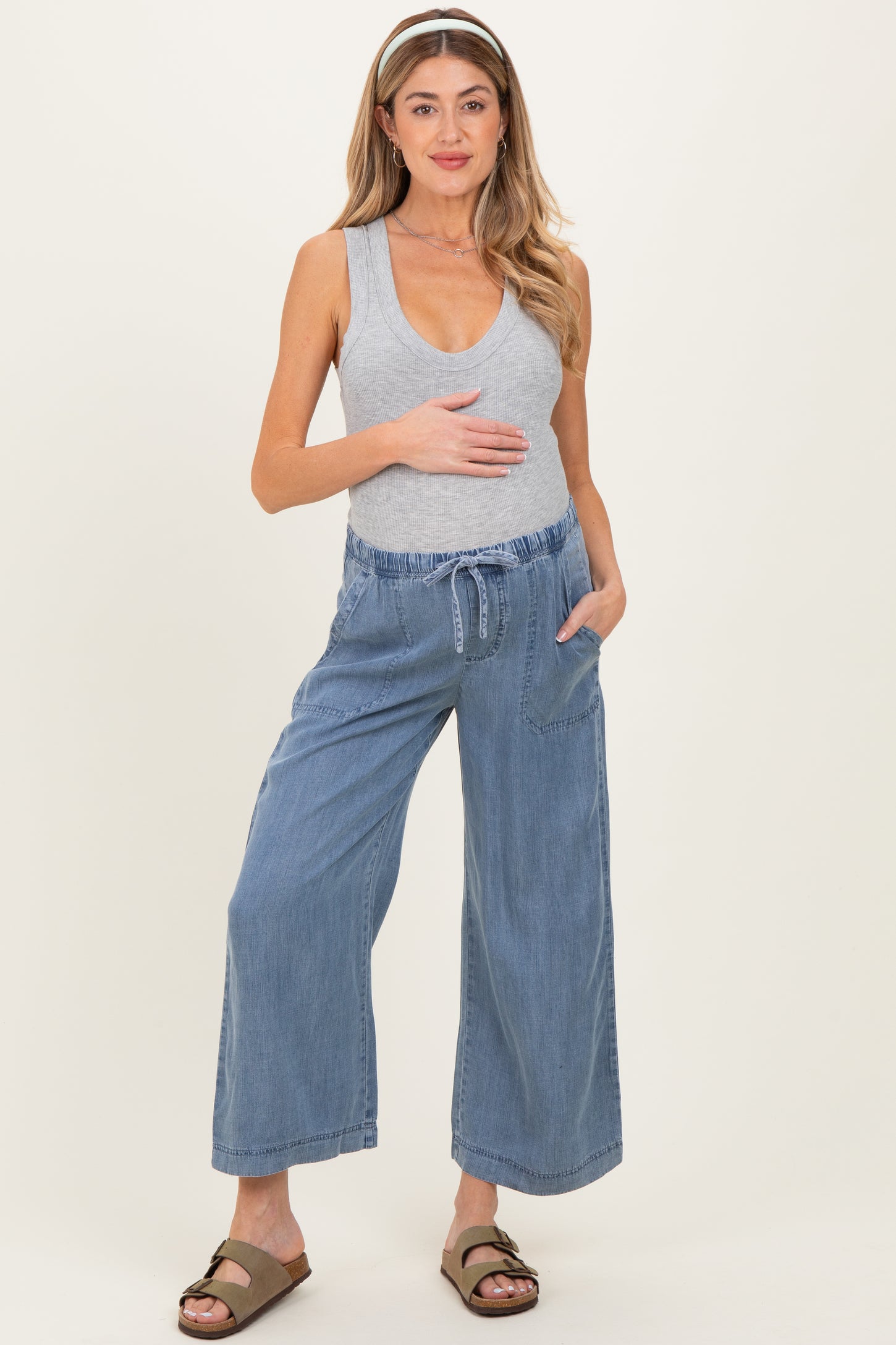 Blue Washed Denim Cropped Maternity Pants