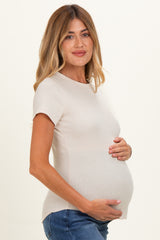 Oat Ribbed Short Sleeve Curved Hem Maternity Top