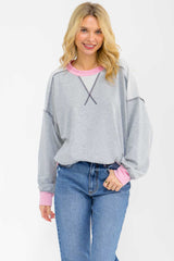Heather Grey Contrast Band Exposed Seam Pullover