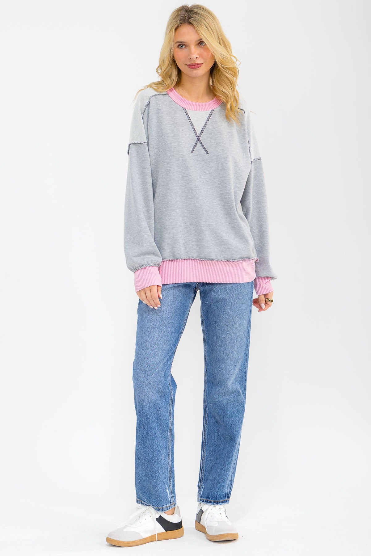 Heather Grey Contrast Band Exposed Seam Pullover