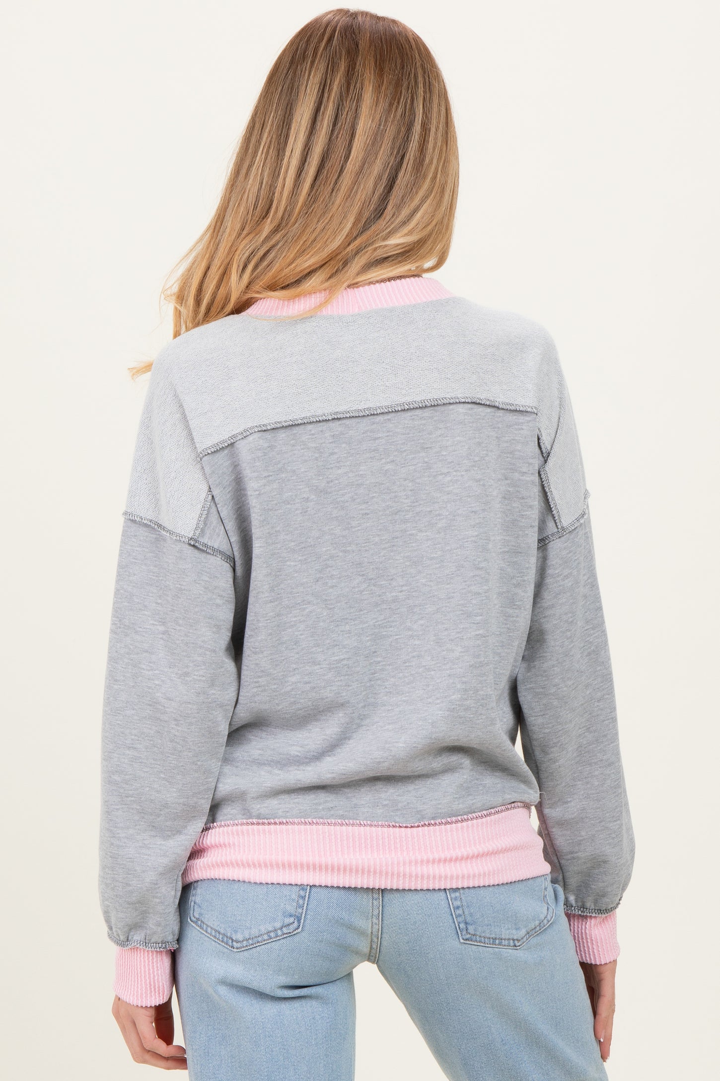 Heather Grey Contrast Band Exposed Seam Maternity Pullover