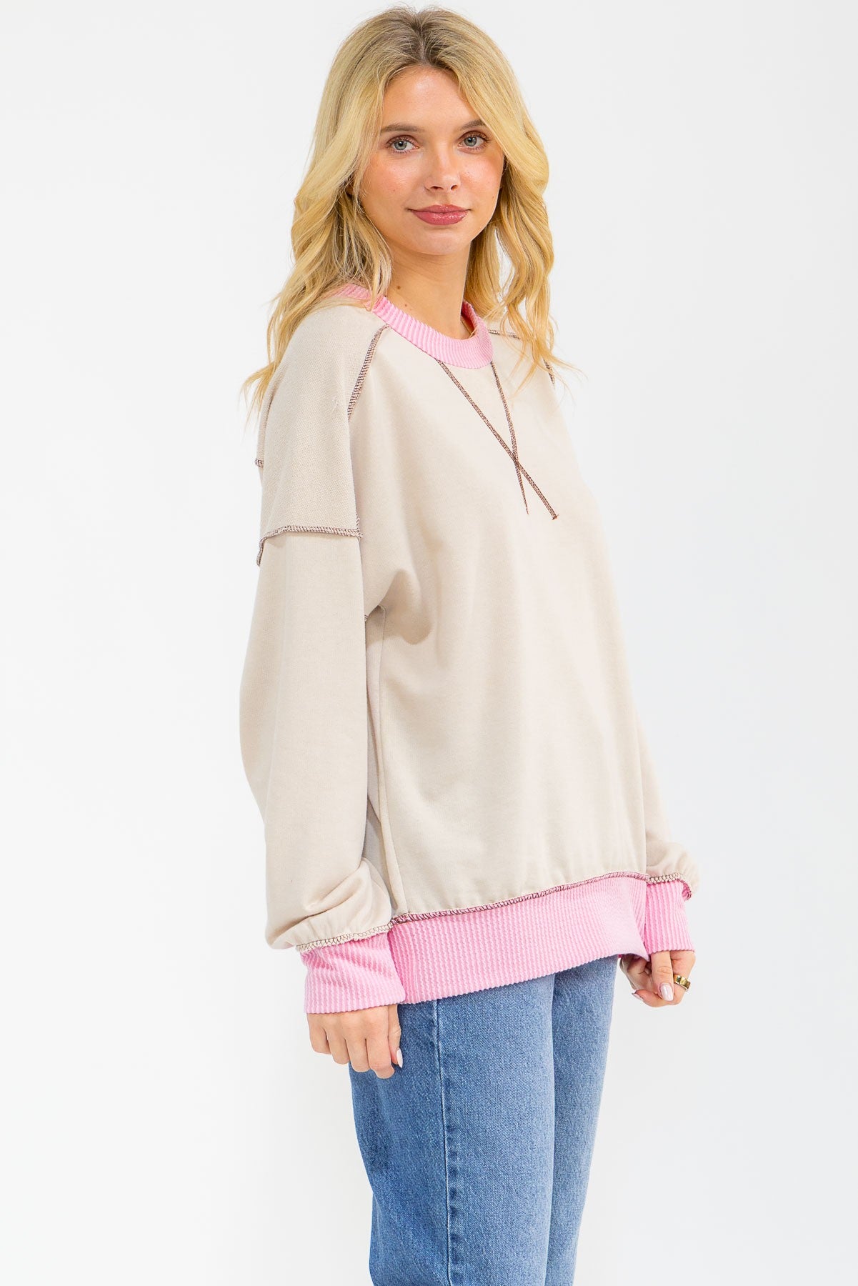 Cream Contrast Band Exposed Seam Pullover