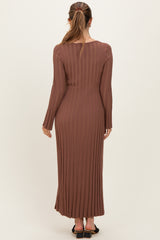 Brown Ribbed Maternity Knit Maxi Dress