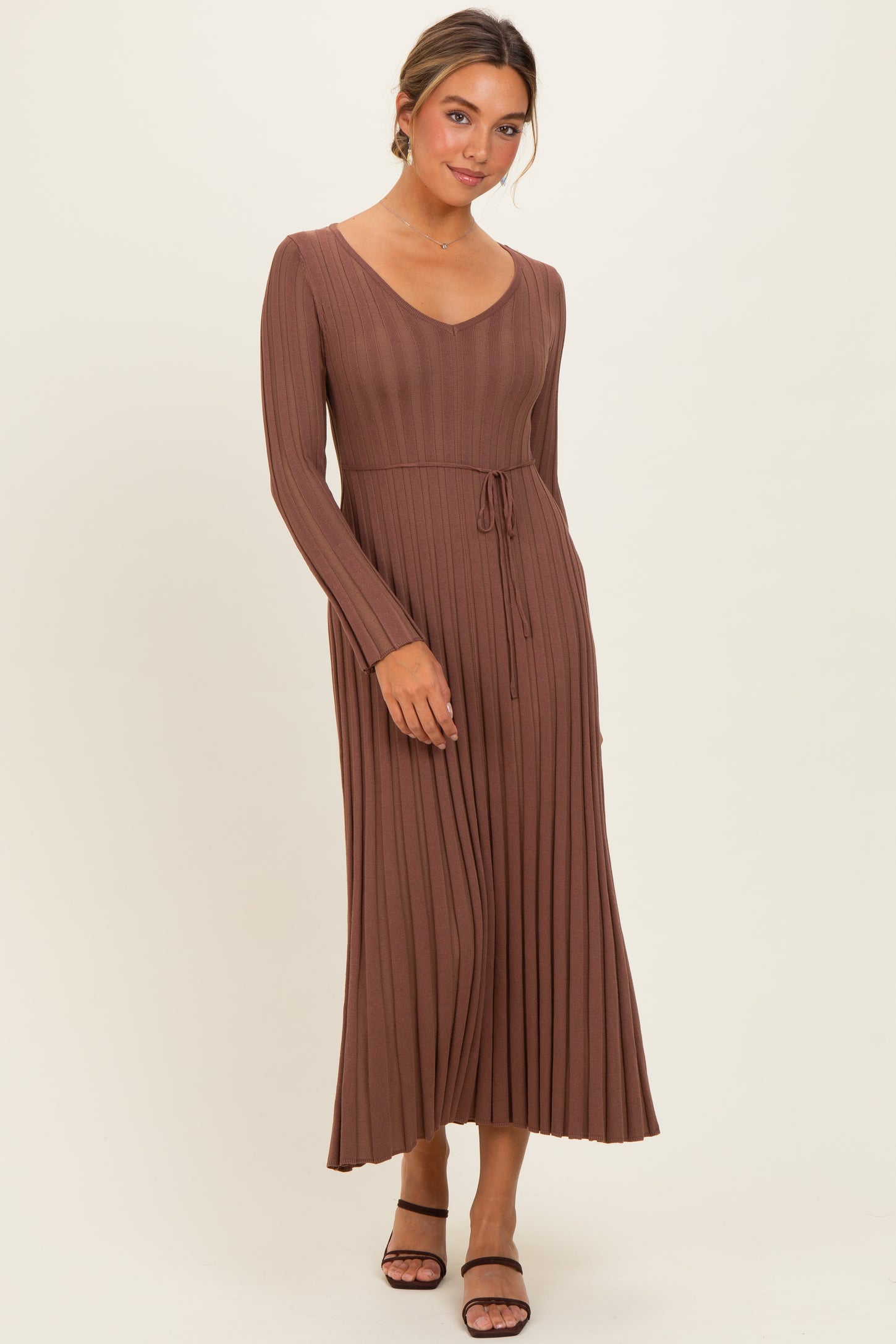 Brown Ribbed Knit Maxi Dress