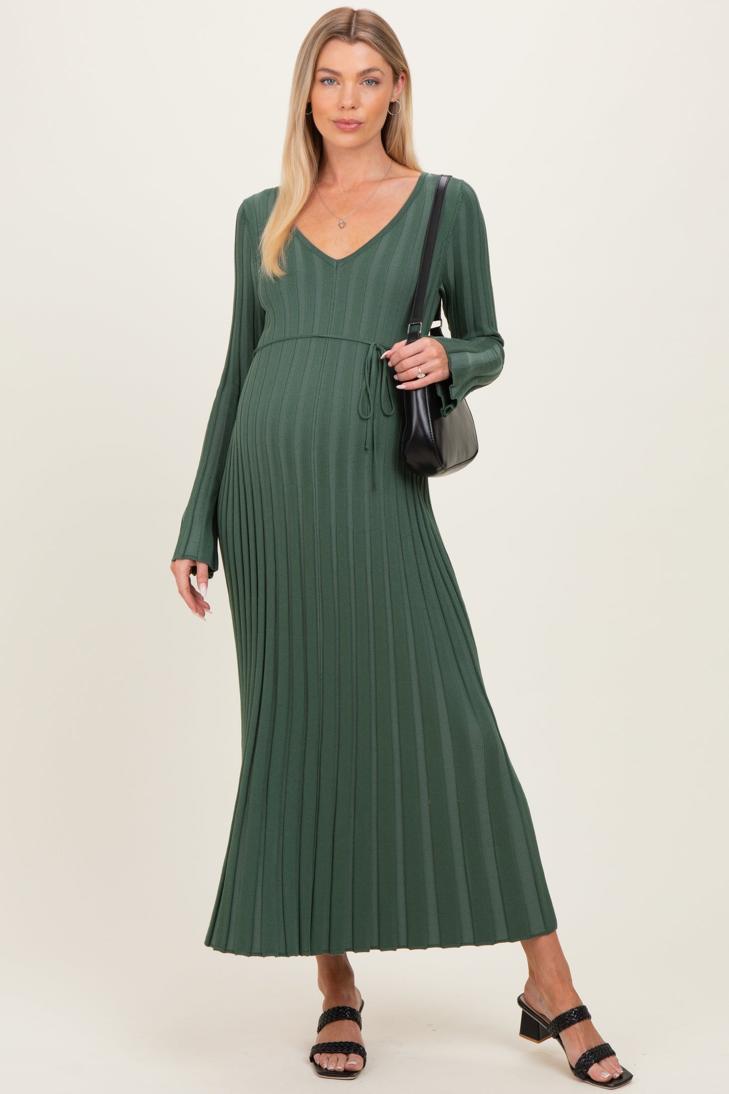 Olive Ribbed Maternity Knit Maxi Dress