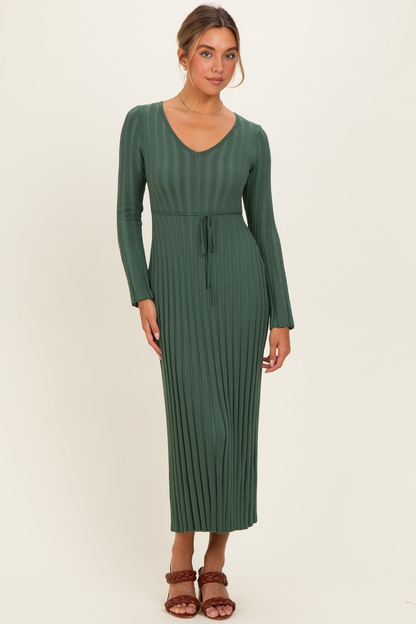 Olive Ribbed Maternity Knit Maxi Dress
