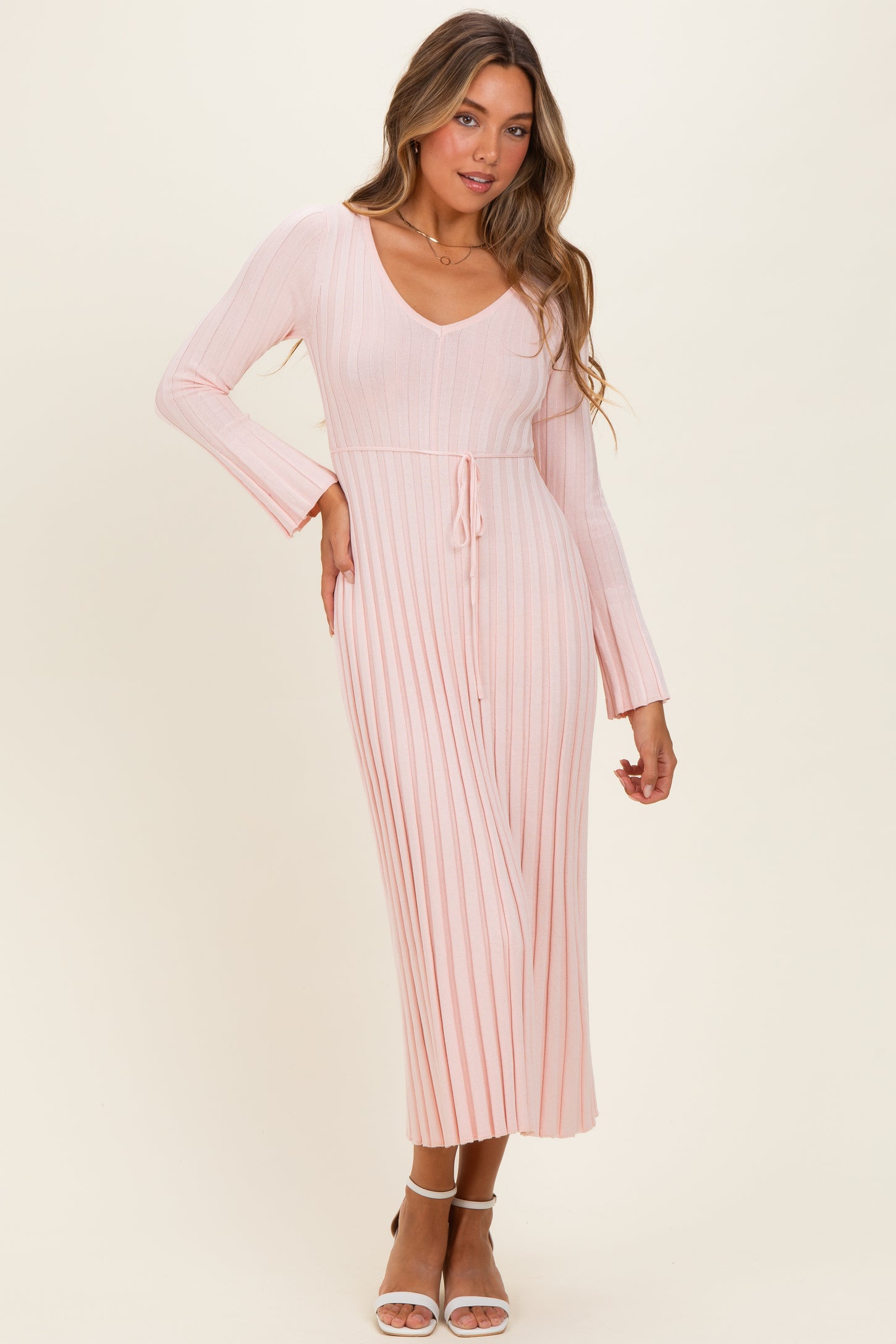 Light Pink Ribbed Knit Maxi Dress