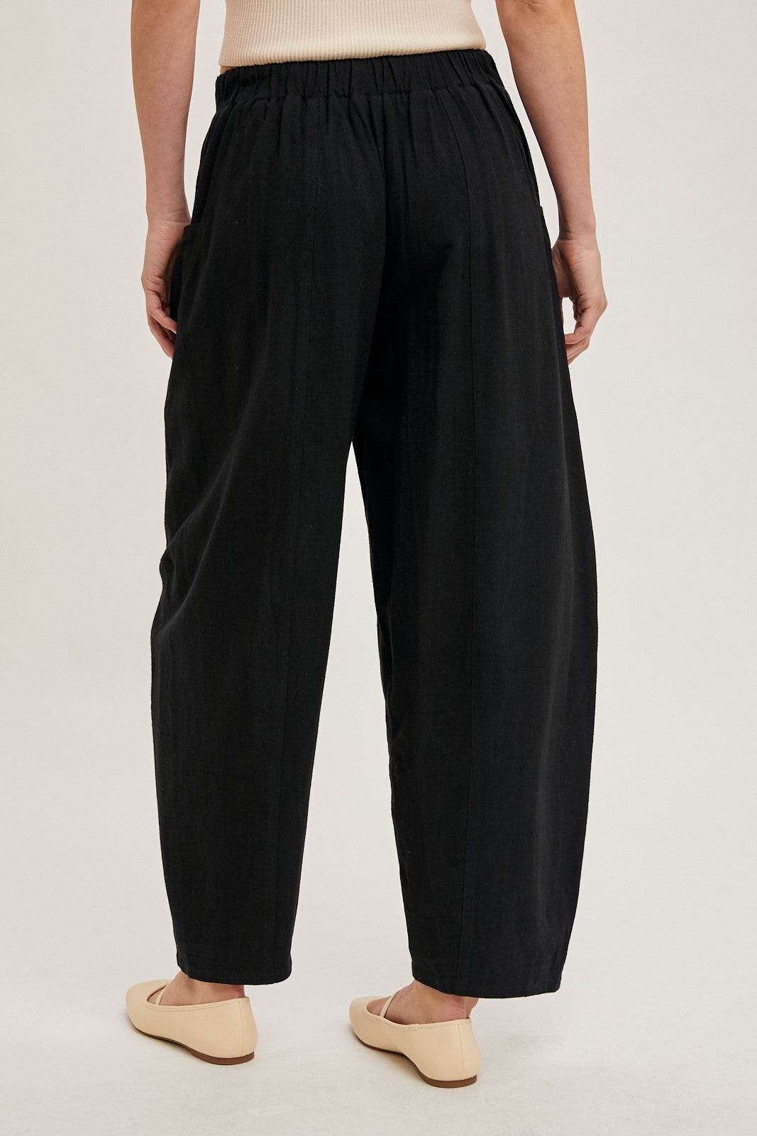 Black Linen Blend Barrel Leg Pants