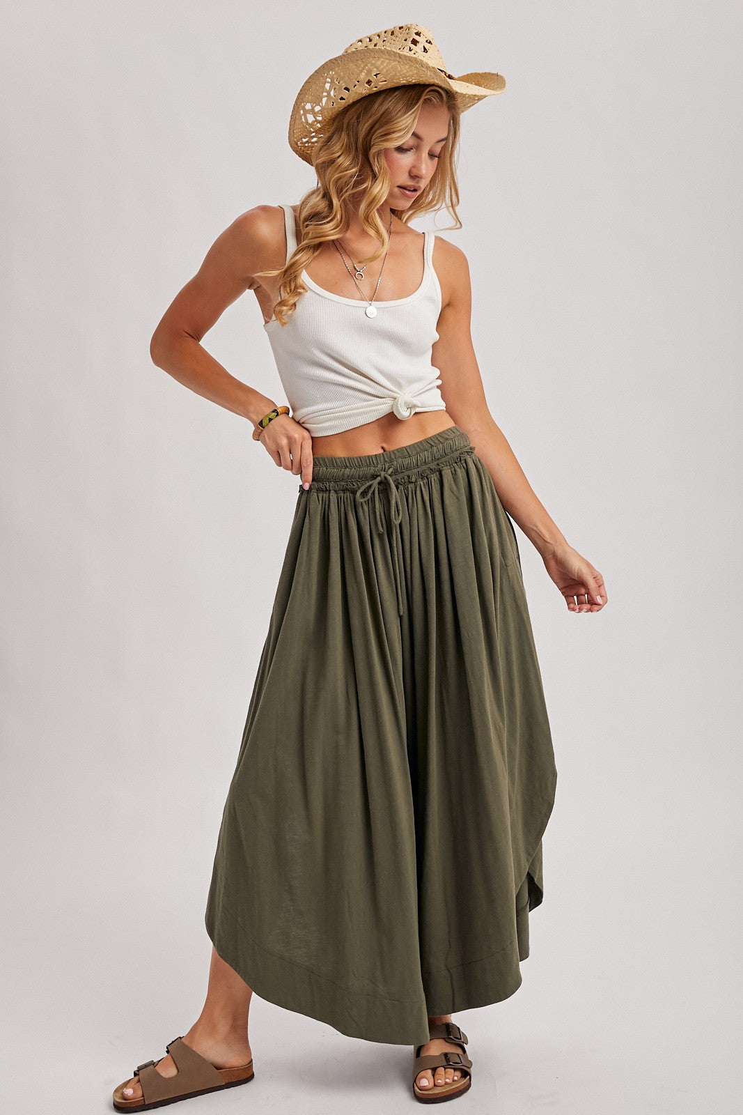 Olive Tulip Hem Super Wide Leg Pants