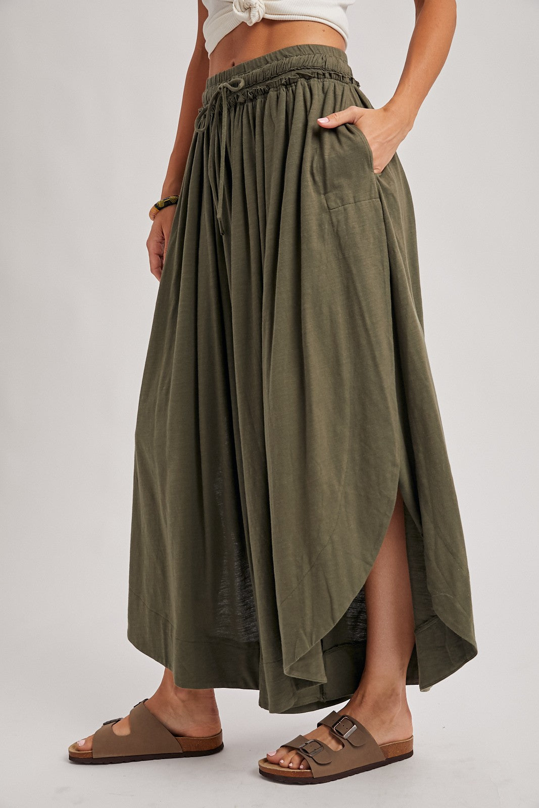 Olive Tulip Hem Super Wide Leg Pants