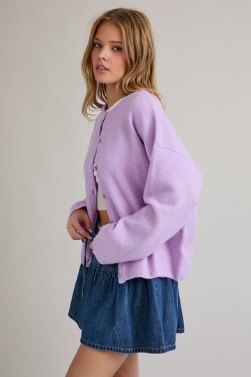 Lavender Classic Crew Neck Button Cardigan