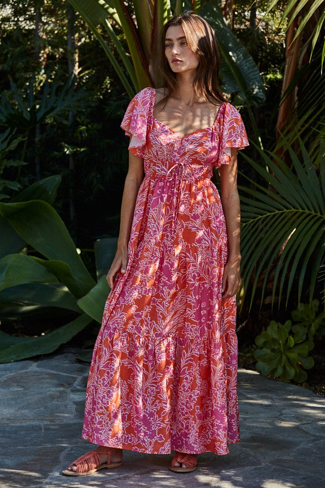 Fuchsia Floral Waist Tie Open Back Maternity Maxi