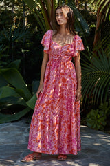 Fuchsia Floral Waist Tie Open Back Maternity Maxi