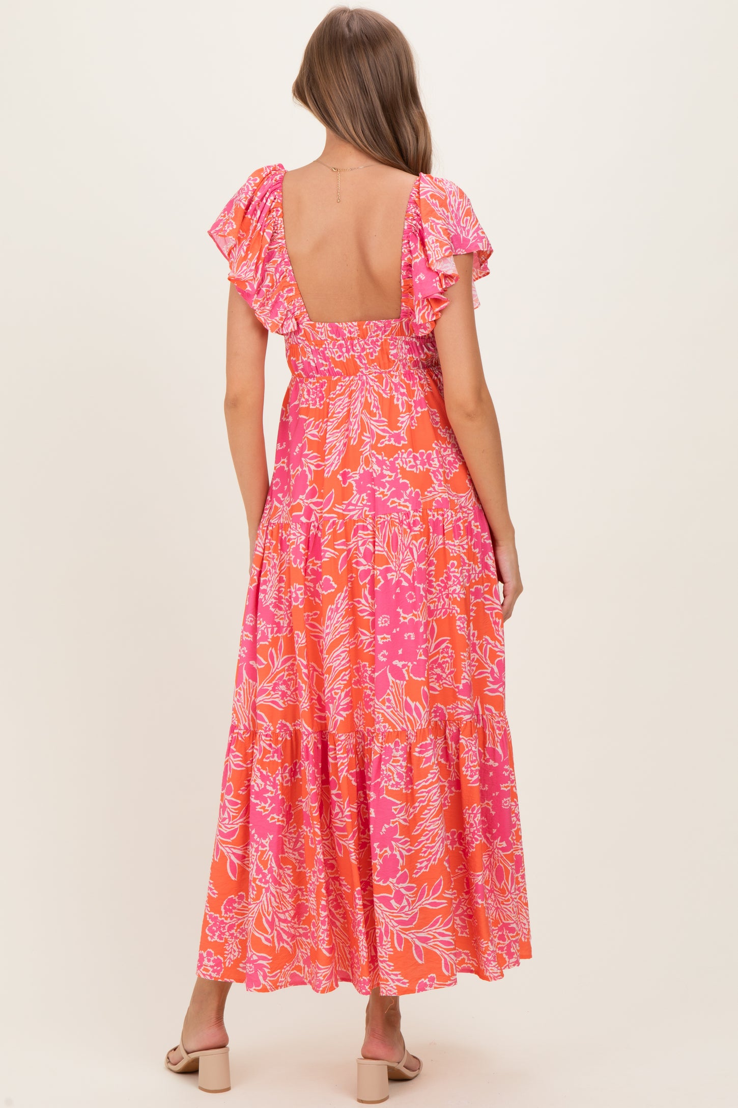 Fuchsia Floral Waist Tie Open Back Maternity Maxi