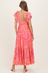 Fuchsia Floral Waist Tie Open Back Maternity Maxi