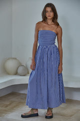 Denim Blue Striped Strapless Maternity Maxi Dress