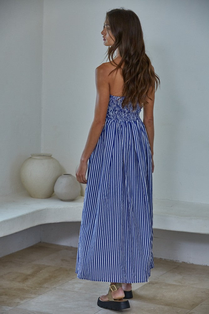 Denim Blue Striped Strapless Maxi Dress