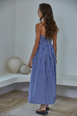 Denim Blue Striped Strapless Maxi Dress