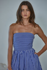 Denim Blue Striped Strapless Maxi Dress