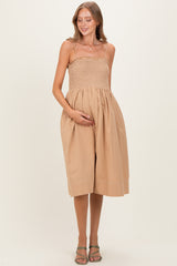 Light Taupe Shoulder Tie Smocked Maternity Midi Dress