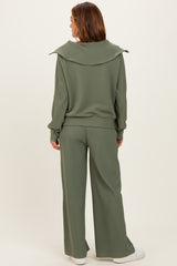 Light Olive Ribbed High Neck Half Zip Pullover Pant Set