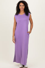 Lavender Sleeveless Side Slit Maternity Midi Dress