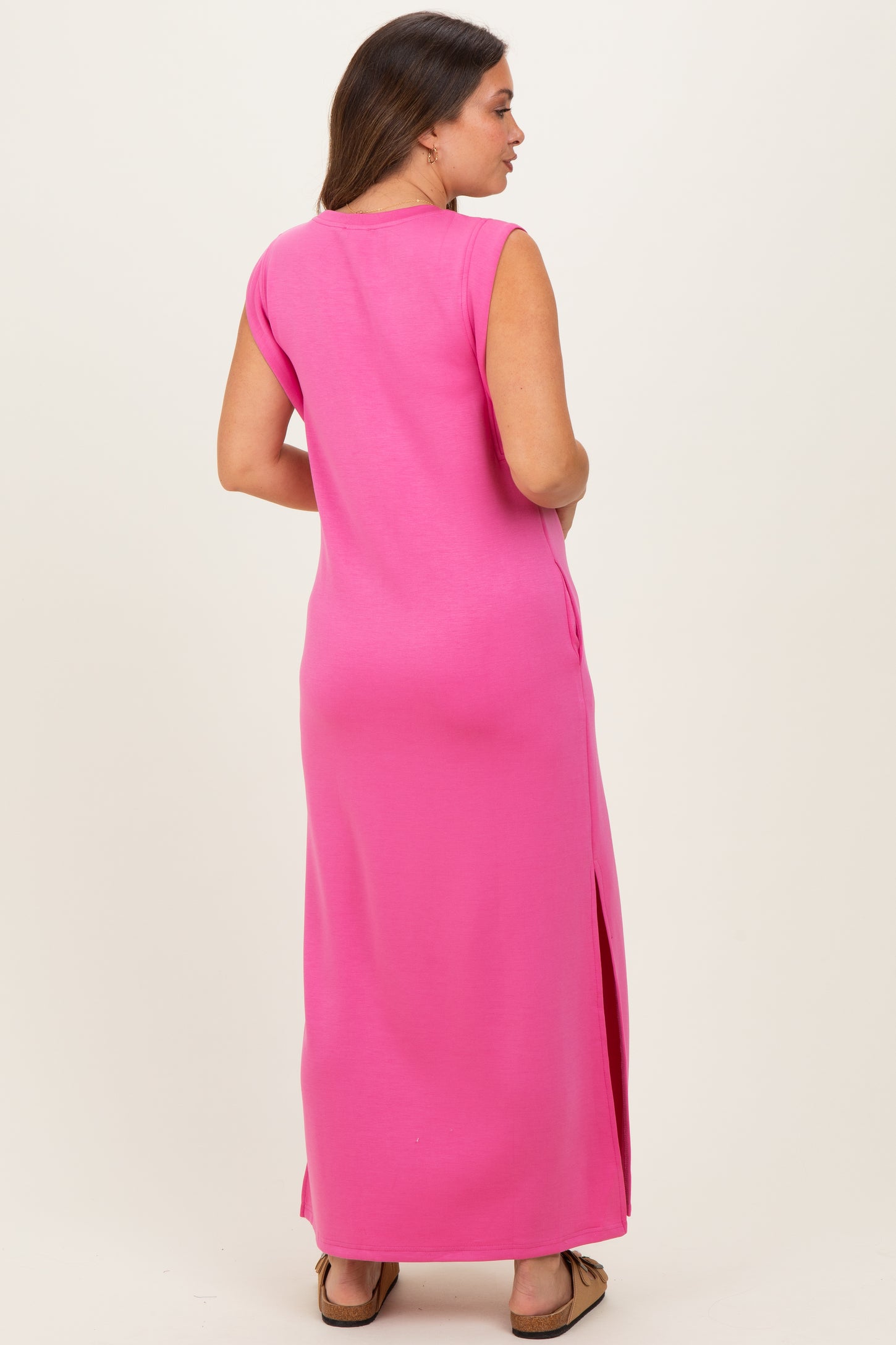 Pink Sleeveless Side Slit Maternity Midi Dress