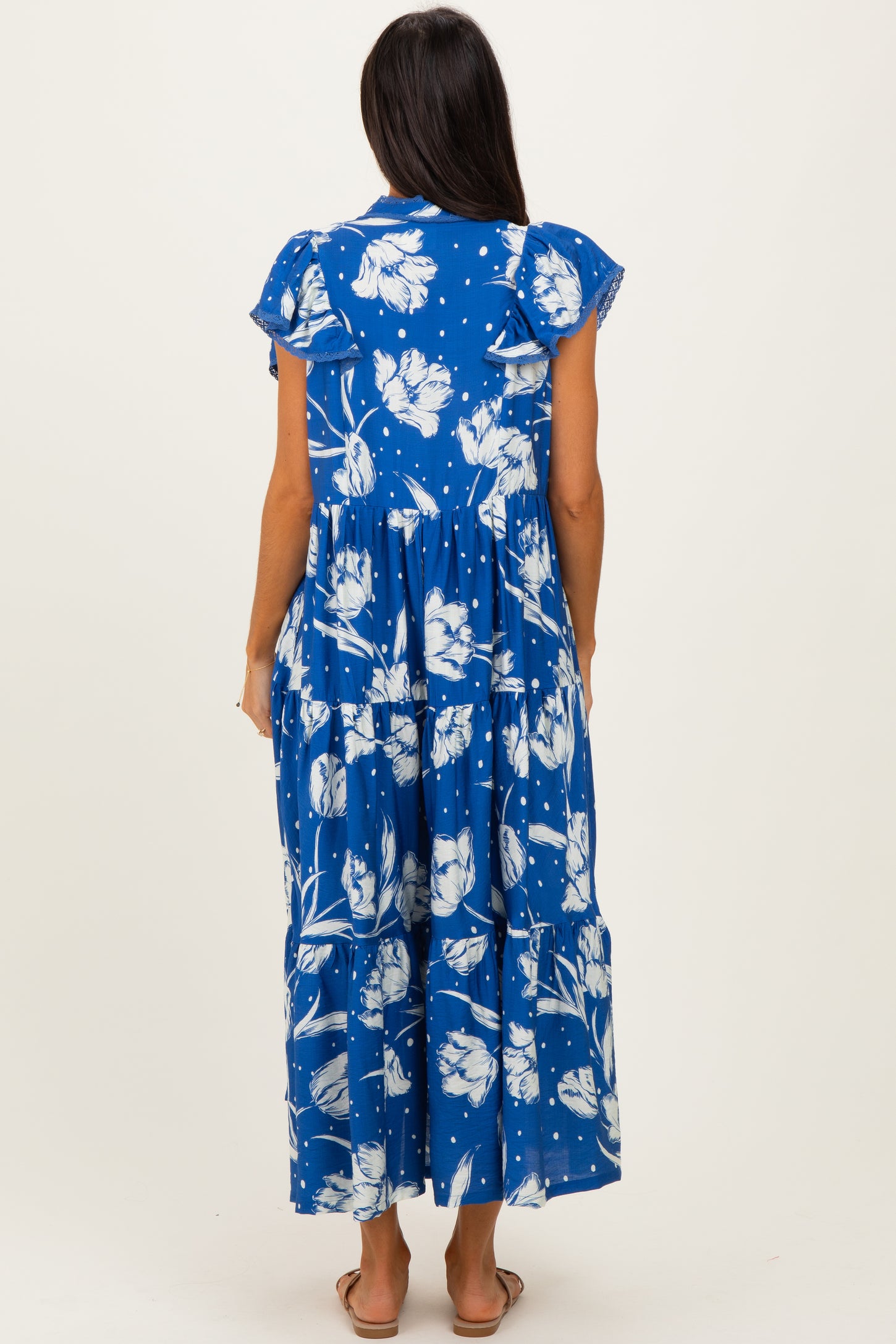 Royal Blue Floral Crochet Lace Accent Midi Dress