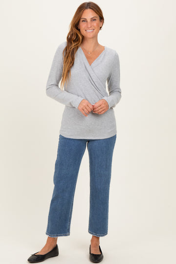 Heather Gray Brushed Knit Wrap Front Top