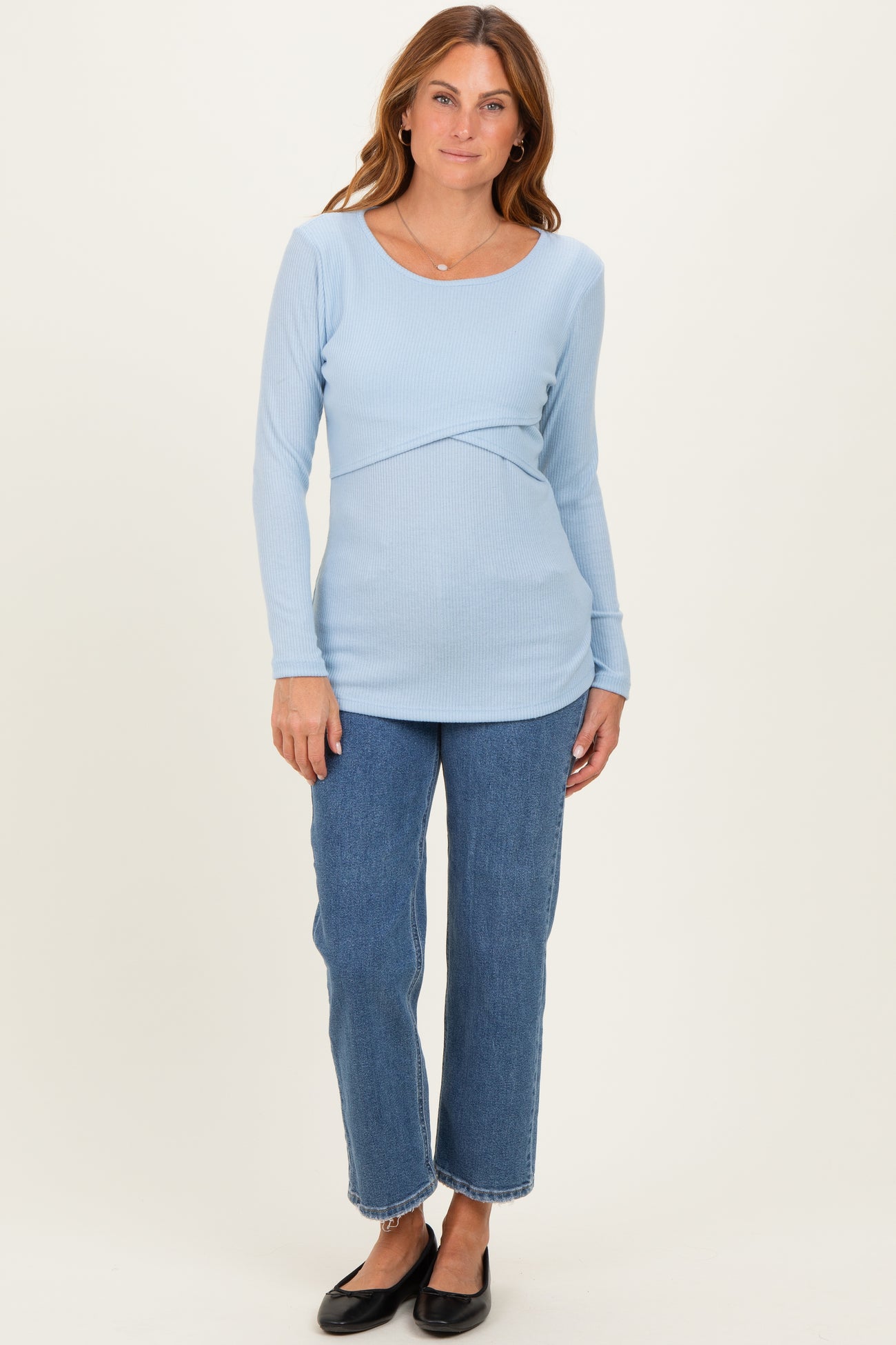 Light Blue Ribbed Crossover Maternity/Nursing Top
