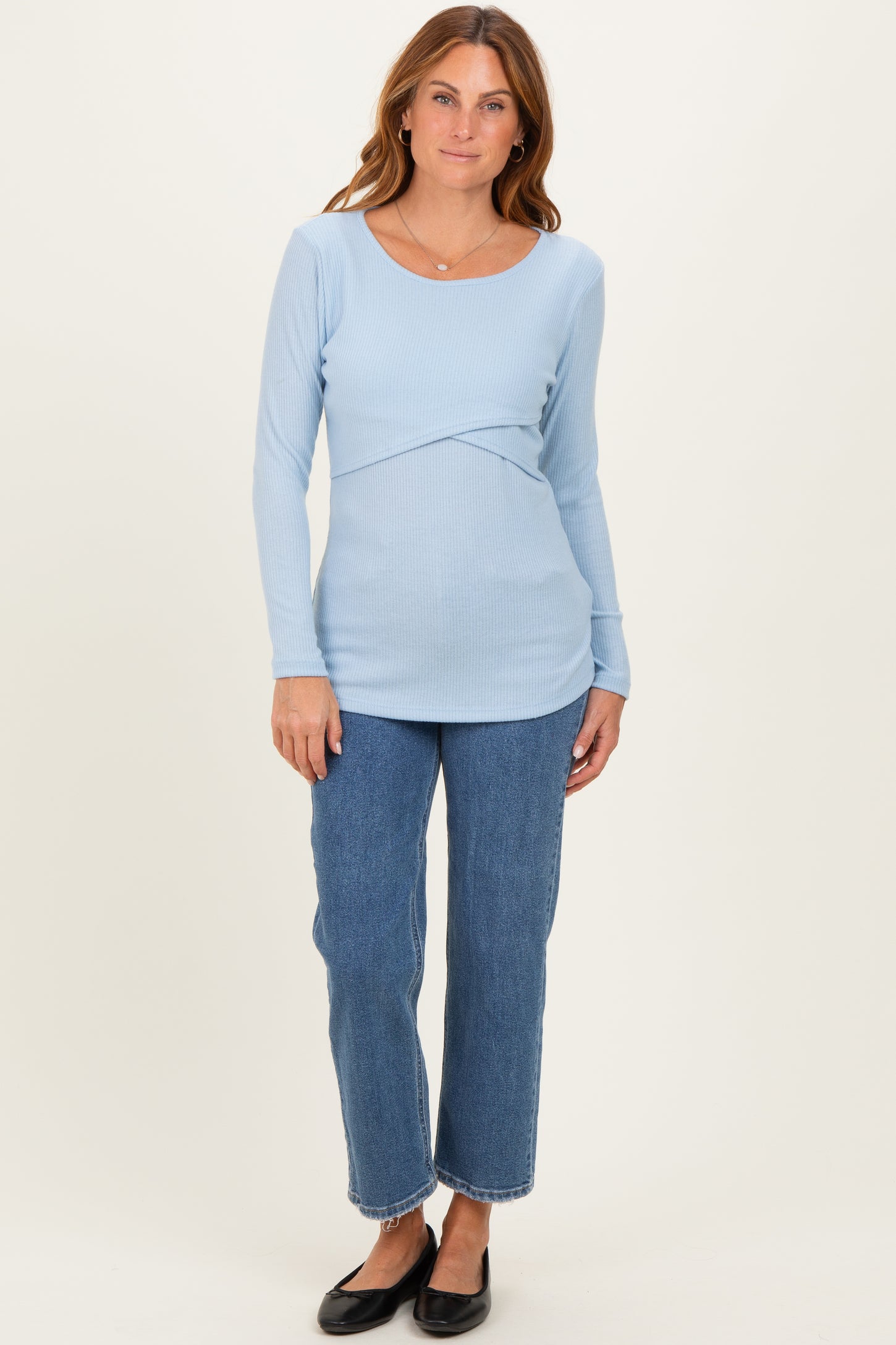 Light Blue Ribbed Crossover Maternity/Nursing Top