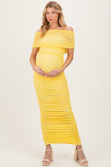 Lemon Ruched Mesh Foldover Off Shoulder Maternity Maxi Dress
