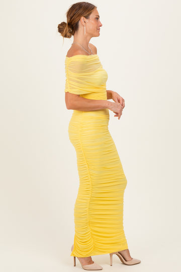 Lemon Ruched Mesh Foldover Off Shoulder Maxi Dress