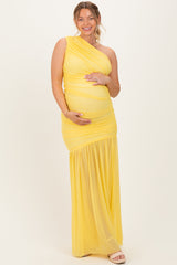 Lemon Ruched Mesh One Shoulder Maternity Maxi Dress