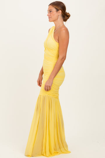 Lemon Ruched Mesh One Shoulder Maxi Dress