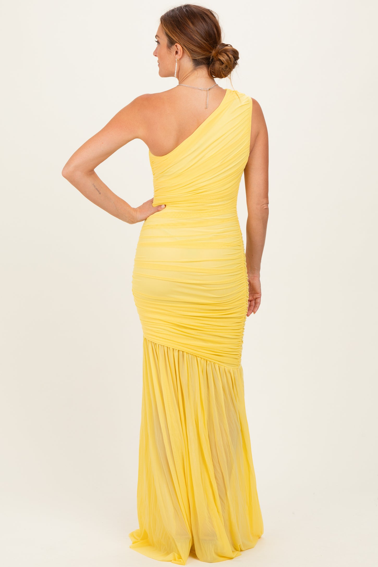 Lemon Ruched Mesh One Shoulder Maxi Dress