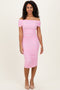Baby Pink Ruched Mesh Off Shoulder Midi Dress