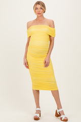 Lemon Ruched Mesh Off Shoulder Maternity Midi Dress